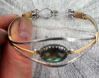 Labradorite  Gemstone Bracelet - 14kt Rolled Gold -- Silver - size  6 to 8   Wrapped - Bangle bracelet-   Gemstone Bracelet