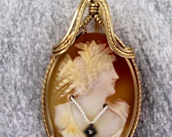 Antique Diamond Shell Cameo -  Necklace   -   14KT Rolled Gold  Setting  - Wire Wrapped