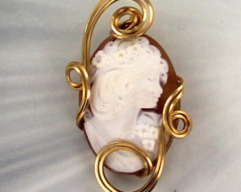Vintage Cameo  Necklace  In 14kt Rolled Gold,  Wire Wrapped, Hand Carved Cameo - Gift For Her