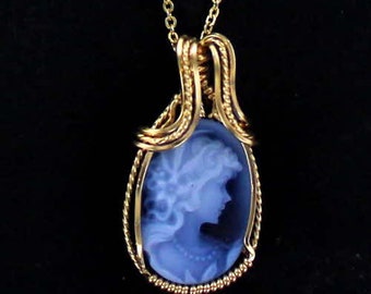 Agate  Cameo  Necklace -  14kt Rolled Gold - Carved In Germany - Gift For Her- 18x25 - With Chain