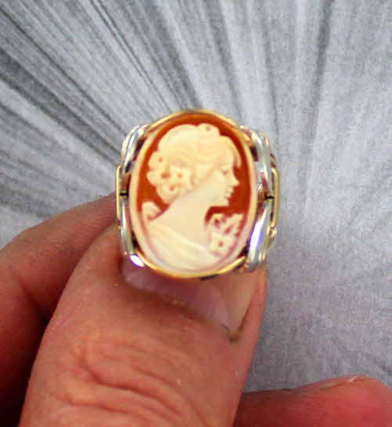 ---- Vintage Shell Cameo Ring In Sterling Silver and 14kt Rolled Gold Wire Wrapped Sizes 5 to 15 cameo jewelry