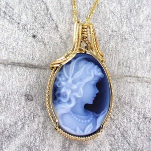 Blue Agate  Cameo  Necklace -  14kt Rolled Gold - Carved In Germany - Gift For Her- 18x25 MM- With Chain