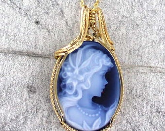 Blue Agate  Cameo  Necklace -  14kt Rolled Gold - Carved In Germany - Gift For Her- 18x25 MM- With Chain