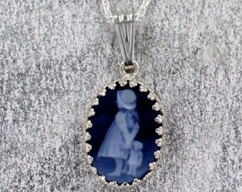 Blue Agate Cameo Pendant  In Sterling Silver - ---Carved In Germany