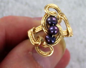 Black Pearl Ring -  14kt Rolled Gold - Wire Wrapped - Cultured Pearl Ring-  Gift For Her-  Size 5 to 15