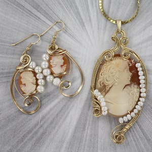 Antique Shell Cameo Pendant and Earrings Carved in Italy in 14kt. Rolled Gold wire wrapped Cameo Jewelry With Pearls image 1