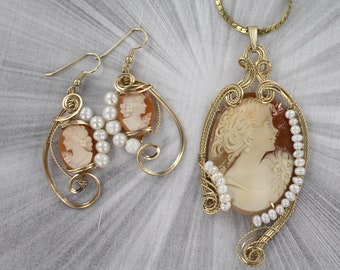 Antique Shell  Cameo Pendant  and Earrings --- Carved in Italy  in 14kt. Rolled Gold ----wire wrapped -  - Cameo Jewelry - With Pearls