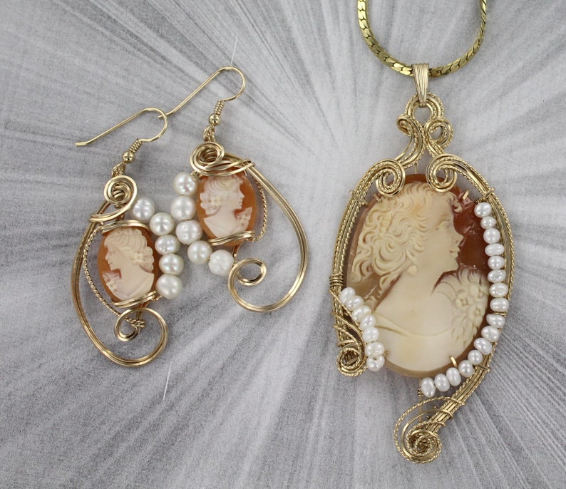 Antique Shell Cameo Pendant and Earrings Carved in Italy in 14kt. Rolled Gold wire wrapped Cameo Jewelry With Pearls image 1