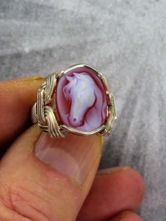 Red Agate Horse Cameo Ring in Sterling Silver Wire Wrapped size 5 to 15 Red Agate Horse Cameo Ring in Sterling Silver Wire Wrapped size 5 to 15