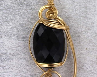 Black Onyx   Necklace -  14kt Rolled Gold - Wire Wrapped - Gift For Her