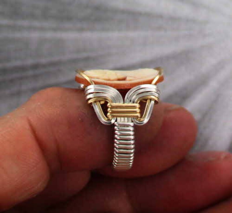 ---- Vintage Shell Cameo Ring In Sterling Silver and 14kt Rolled Gold Wire Wrapped Sizes 5 to 15 cameo jewelry