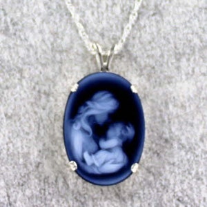 Blue Agate Cameo Necklace  In Sterling Silver - - With Chain - Carved in Germany -- - Gift For Her