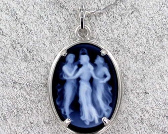 Blue Agate Cameo Necklace -  Sterling Silver Setting - Carved in Germany --- 3 Graces