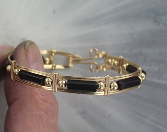 Black Tourmaline Bracelet - 14kt. Rolled Gold - Bangle Bracelet - Cuff Bracelet