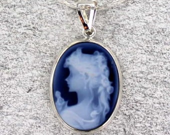 Blue  Agate Cameo  - Sterling Silver Setting  - Pretty Lady - With Chain