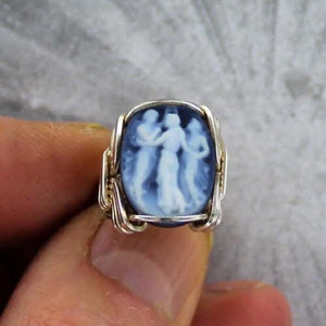 Blue Agate Cameo Ring In Sterling Silver Wire Wrapped 