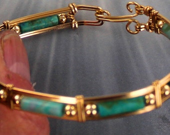 Sleeping Beauty Turquoise  Gemstone Bracelet - 14kt Rolled Gold  -  Size  6 to 8  - Wire Wrapped - Bangle Bracelet - Gemstone bracelet