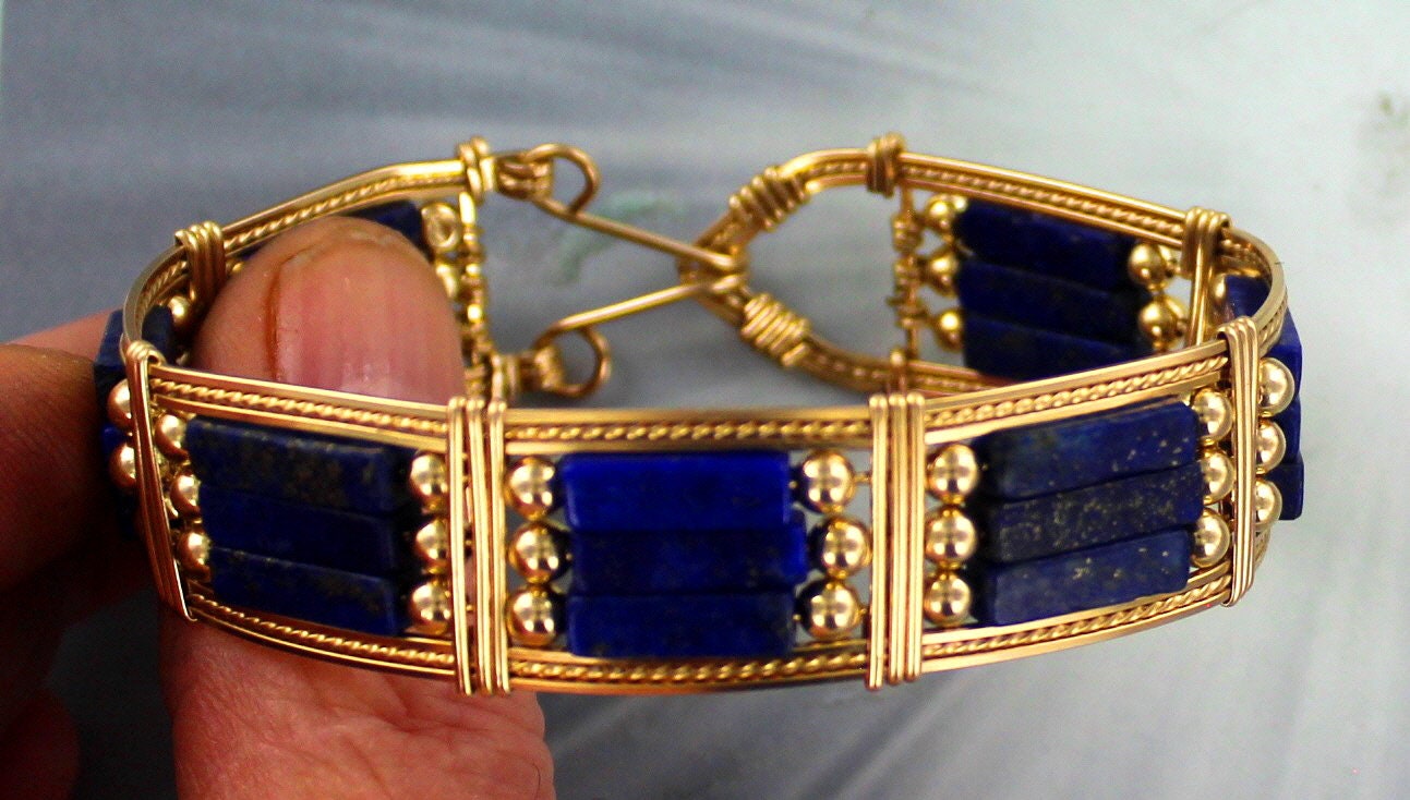 Lapis Lazuli  Bracelet - 14kt Rolled Gold -  Size  6 to 8  - Blue Lapis Bracelet  - Bangle Bracelet - Gemstone bracelet - Cuff Bracelet
