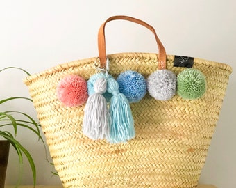 Pompom and tassel market and beach bag, straw eco-friendly, ethically handmade Morocco with your choice of pompoms and tassel