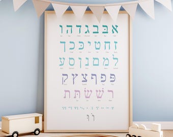 Könnte beinhalten: Ein weißer Poster mit einem hebräischen Alphabet-Diagramm. Die Buchstaben sind in einem Blau- und Lilatongradient dargestellt. Das hebräische Alphabet ist in Schwarz geschrieben.