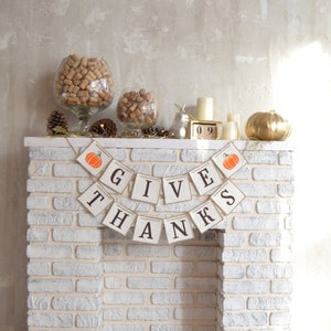 Give Thanks banner with painted pumpkin, Thanksgiving decoration garland, Give Thanks bunting banner, Give Thanks fall banner, Burlap banner image 3