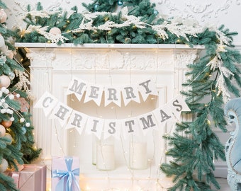 Merry Christmas Garland - Winter Wonderland Mantel Decor for a Festive Fireplace - Silver Christmas Bunting Banner