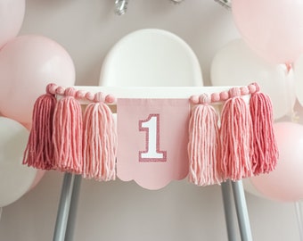 First year down birthday, high chair banner 1st birthday girl, one year old girl birthday decorations, high chair garland blush pink