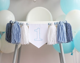 Blue High Chair Embroidery Banner, Baby Boy High Chair Banner, Boy Tassel Garland, Blue First Birthday Boy, 1st Birthday Boy Yarn Banner