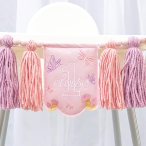 Mushroom Embroidery High Chair Banner | Fairy Butterfly Garland | Sweet One Fantasy Birthday Banner for 1st Birthday Girl