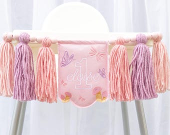 Fairy 1st Birthday High Chair Banner: Embroidery Mushroom Butterfly Garland