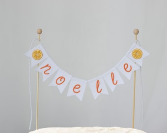 Citrus Birthday Cake Topper with Embroidered Name, Orange Cake Topper, Personalized 1st Birthday Decor for Boy or Girl