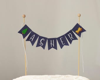 One Happy Camper Embroidered Name Cake Topper, Personalized 1st Birthday Cake Topper for Boy or Girl with Campfire & Pine Tree