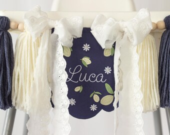 La Dolce Vita Halfway to One High Chair Banner with Personalized Embroidered Name, Lemon Birthday Decor & Cotton Bows