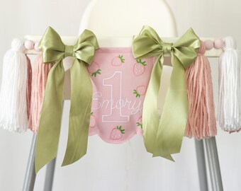 Berry First Birthday High Chair Banner with Personalized Name, Embroidered Strawberries, Number 1 & Sage Green Bows
