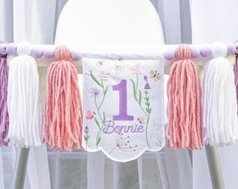 Embroidered Wildflower Baby Name Banner: Boho 1st Birthday Decor