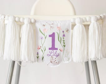 Flower High Chair Banner with Embroidery – Personalized Baby Name Garland | 1st Birthday Decor with Tassels