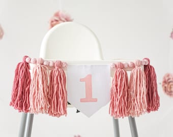 High chair Banner for 1st Birthday Girl - Sweet One Year Old Baby Party Decor - Pink Highchair with Yarn Garland