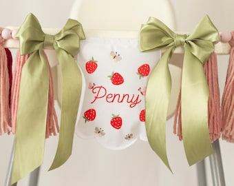 Berry Birthday High Chair Banner with Bows, Personalized Strawberry Garland, Embroidered Name for Half Birthday Cake Smash Decor