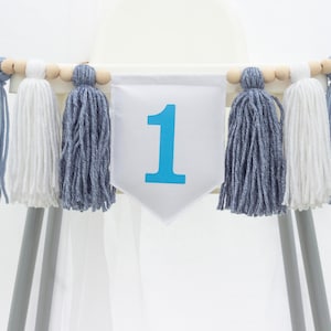Baby Blue Highchair Banner – Yarn Tassel Garland with Wood Beads for 1st Birthday Boy, Ocean Blush Party Decor