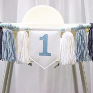 Blue First Birthday Banner – White Cotton Embroidery High Chair Banner, Tassel Garland with Wooden Beads for 1st Birthday Boy