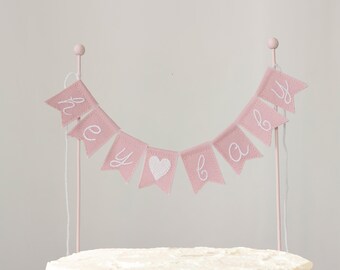 Hey Baby Embroidered Cake Topper, Baby Shower Topper with Heart, Fabric Baby Shower Sign for Boy or Girl Nursery Decor