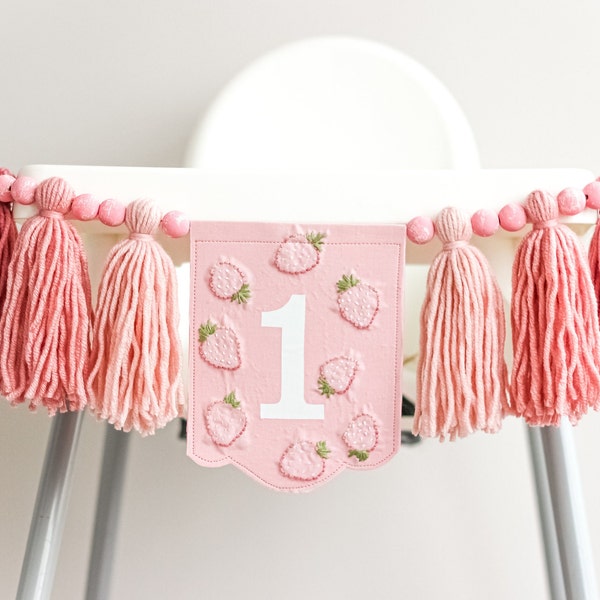 High Chair Banner 1st Birthday Girl's Strawberry Party - Berry Sweet One High Chair Garland - Highchair Yarn Tassel  Banner and Cake Topper