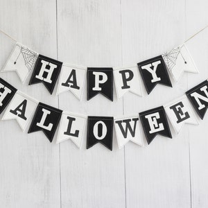 Halloween Garland – Happy Halloween Cotton Banner with Spider Webs for Photobooth, Backdrop or Mantle – Black & White Bunting