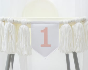 Blush Pink High Chair Banner – Sweet 1st Birthday White Garland, Baby Girl Cake Smash Decor