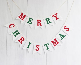 Merry Christmas Banner - Festive Red and Green Letters for Fireplace Mantel Decor - Christmas White Garland