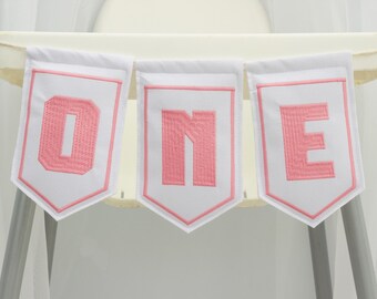 Embroidered High Chair Banner: Pink & White First Birthday Garland, Personalized