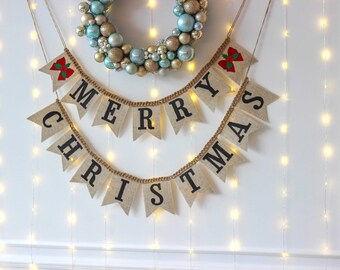 Vintage Burlap Merry Christmas Banner – Rustic Christmas Fireplace Garland | Black Letter Holiday Bunting Decor