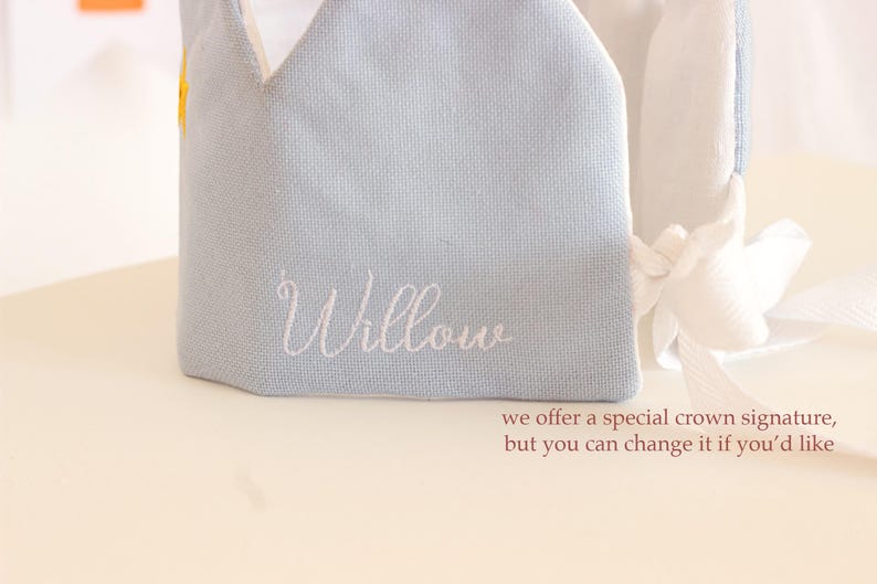May include: A light blue fabric crown with white embroidery that says "Willow".
