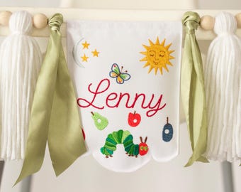 Custom Hungry Caterpillar High Chair Banner, Embroidered Caterpillar Cake Smash Banner, Personalized 1st Birthday Decor for Boy or Girl