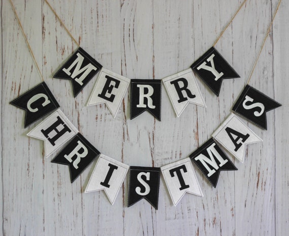 Merry Christmas Mantel Banner, Black White Fabric Garland, Christmas Garland for Fireplace, Holiday Backdrop Bunting